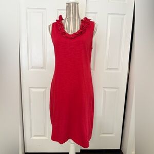 Talbots Petites MP Red Ruffle Neck Dress Sleeveless 100% Cotton Casual Shift